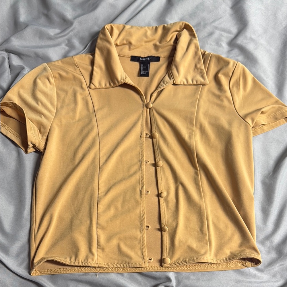 Forever 21 Yellow Fitted Crop Button Down Shirt